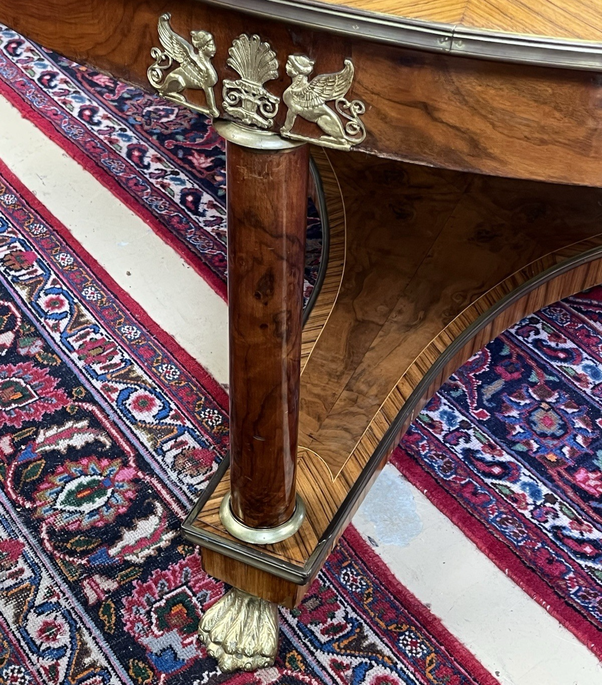 66" LARGE ROUND EMPIRE STYLE FIGURED BURL WALNUT CENTER ENTRYWAY TABLE