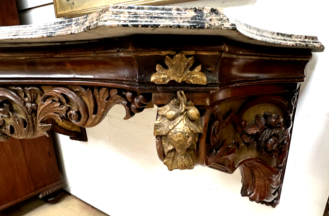 Pair French Rococo Carved Gilt Walnut Wall Mounted Consoles 47” Window Shelf