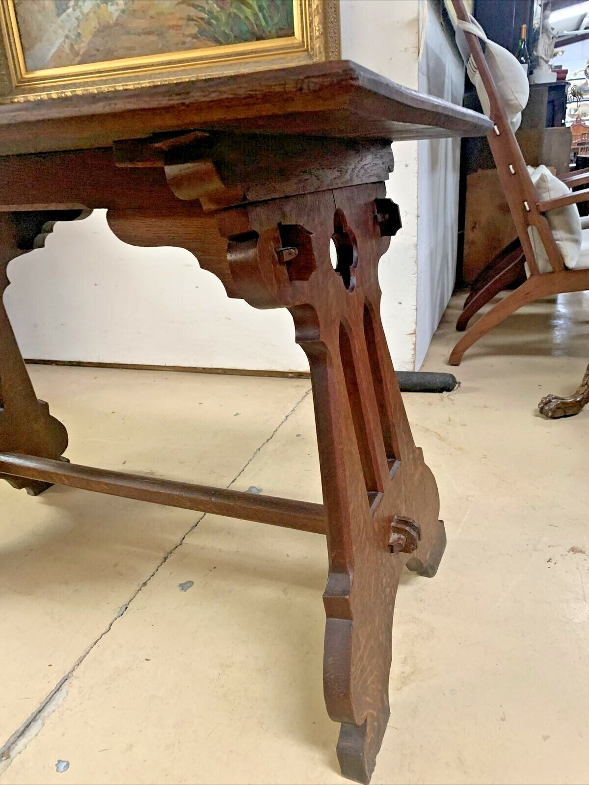 Antique French Solid Oak Gothic Ogee Writing Desk Table Bureau Plat Trestle