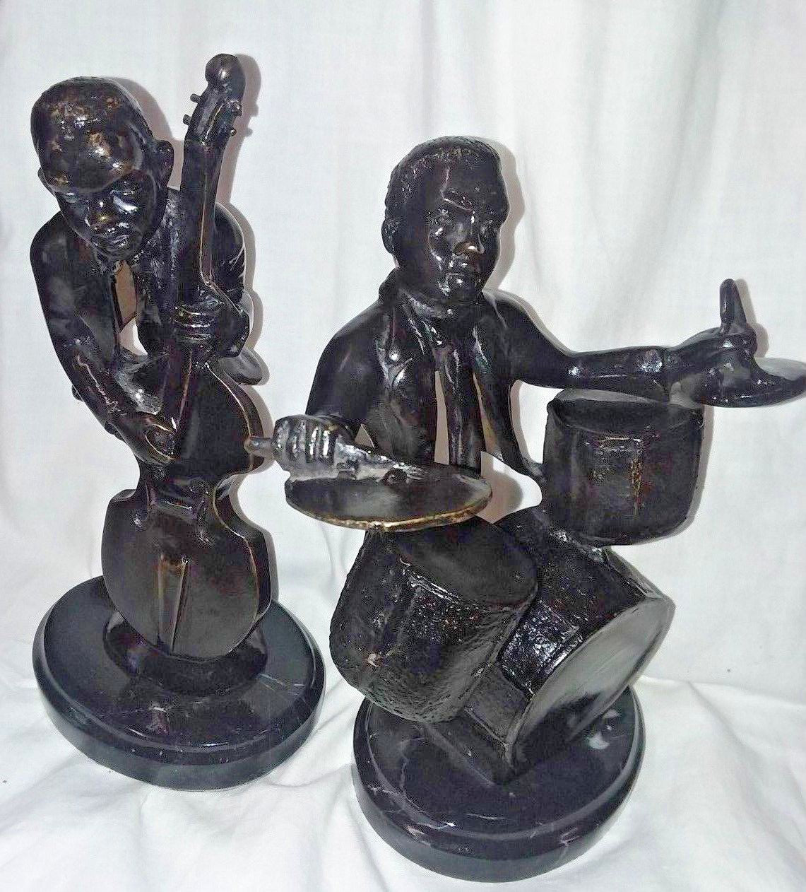 Pair African American Jazz Player Musician Bronze on Marble Base