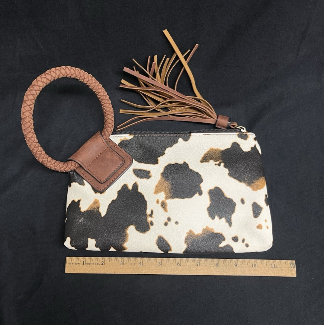 Cow Print Tassel Hand Clutch with Braided Bangle 10.75"