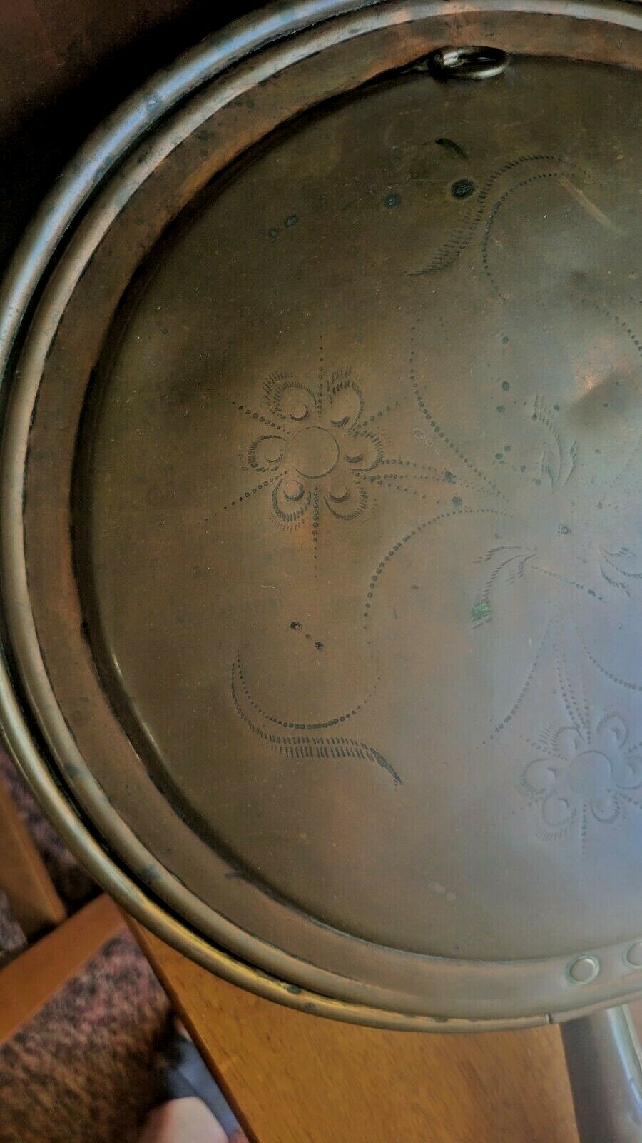 Antique French Copper Bed Warmer Handmade 200 years ago Etched Lid 41" Handle