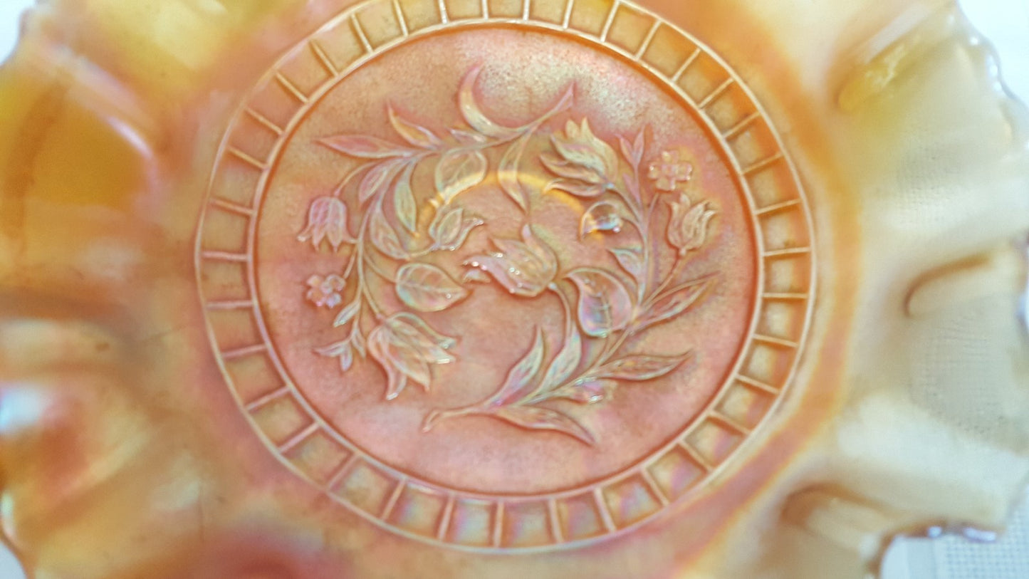 Vintage Dugan Marigold WINDFLOWER Carnival Glass 8 1/2" Ruffled Bowl