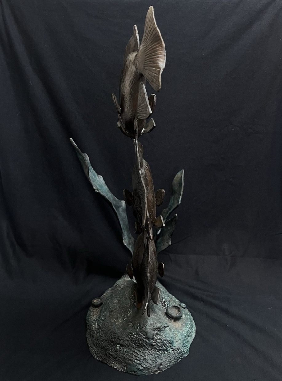 PB14 Bronze Green and Brown Three Angel Fish w/ Seaweed Sculpture/Statue 26.75"