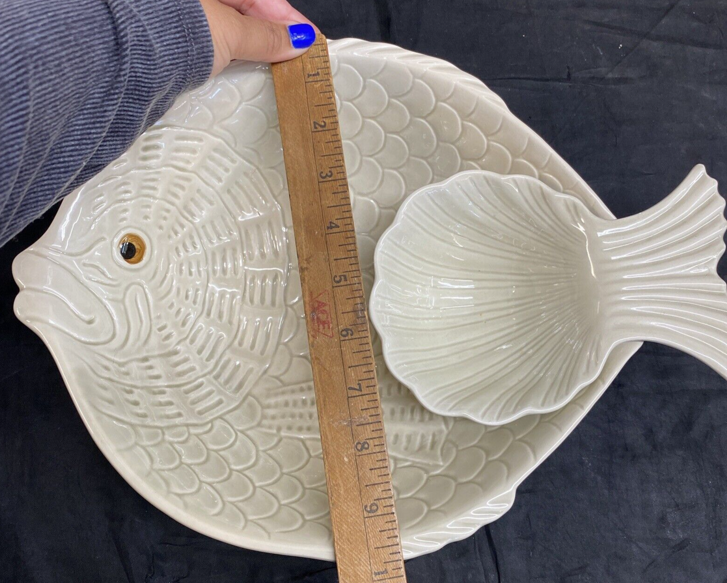 Fitz & Floyd Ivory Colored Fish Chip & Dip Bowl