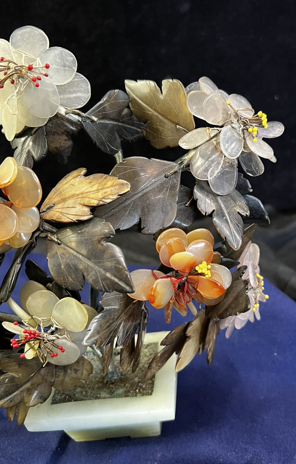 Chinese Tree of Life Bonsai Floral Mid Century Modern Jade Rose Quartz Agate 10"