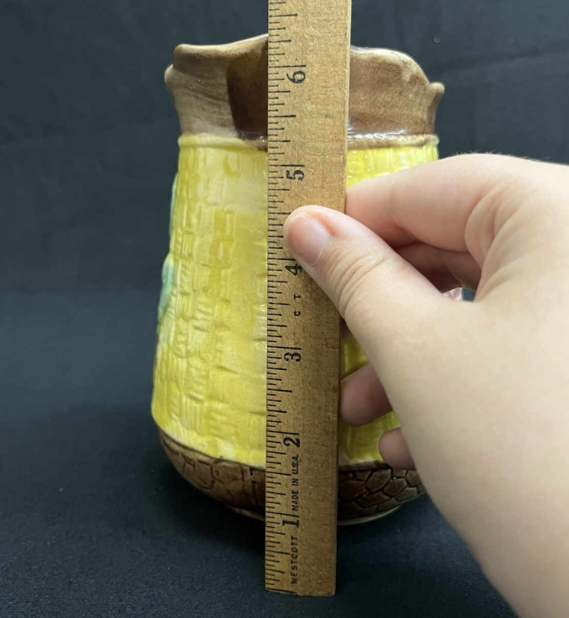 Majolica Basketweave Floral Design Brown and Yellow Jug/Pitcher 6 3/8"