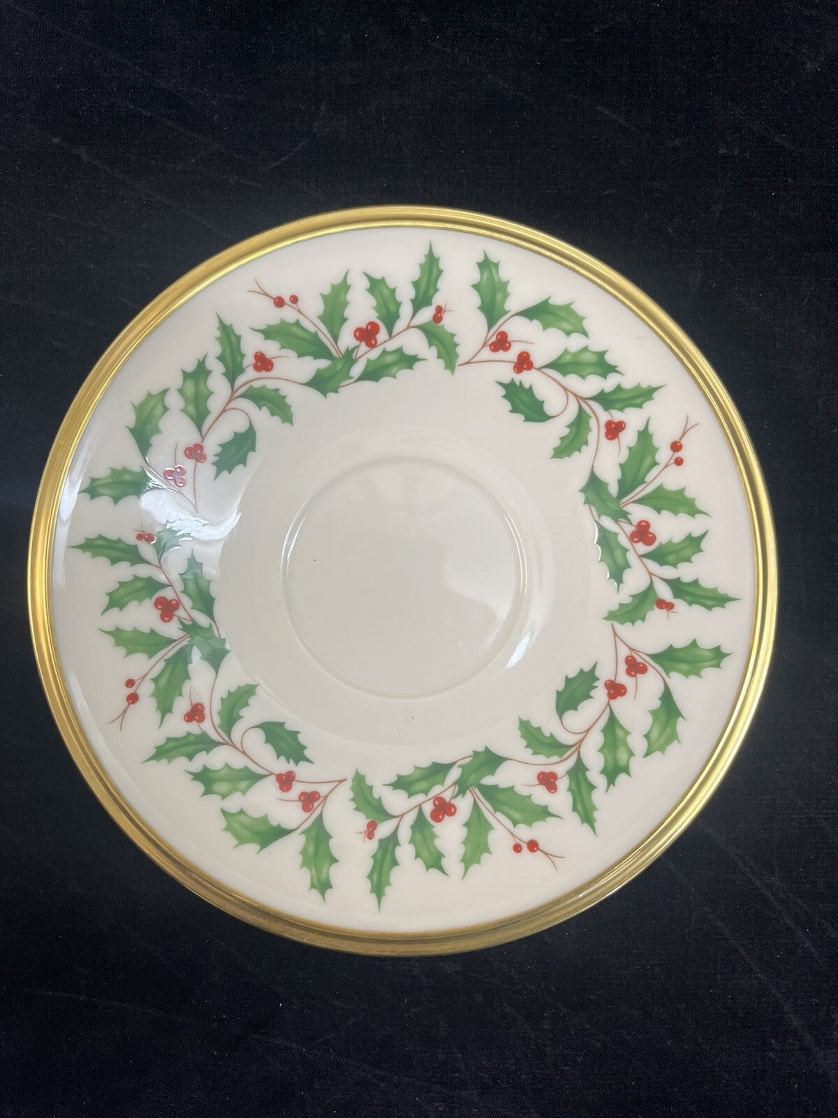 Lenox Ivory China Holiday Tea Cup and Saucer Holly Berry Gold Rim
