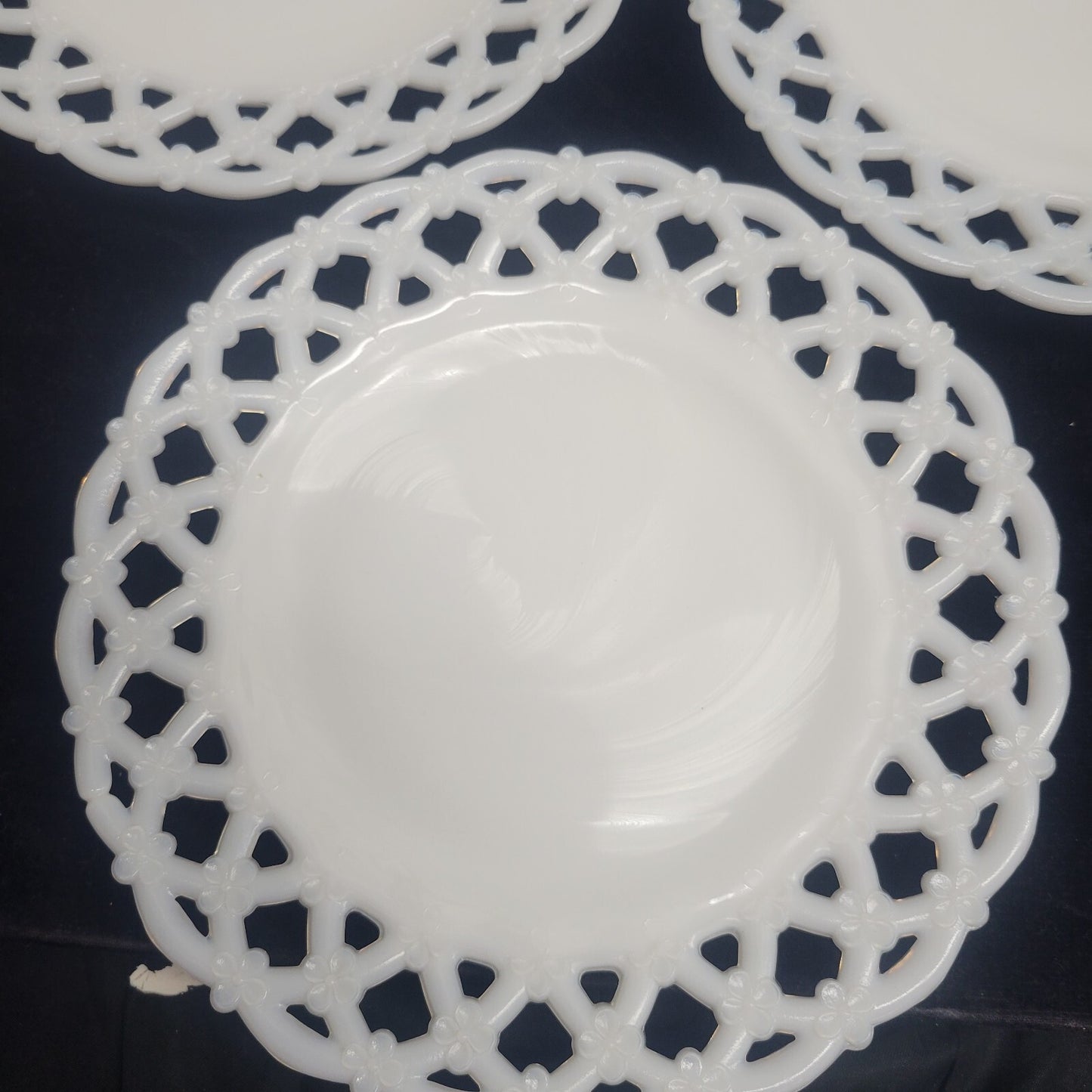 Westmoreland Milk Glass Lace  Edge 8 1/4" Set of 3 Plates Forget Me Not Flowers