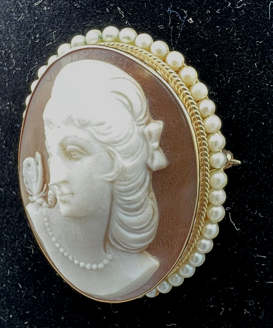 Victorian Shell Cameo Pendant Brooch 14K seed Pearls Full Face 1800's