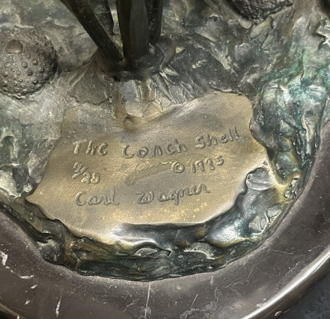 PB7 "The Conch Shell" by Carl Wagner Bronze Statue w/ Marble Base 23.25"