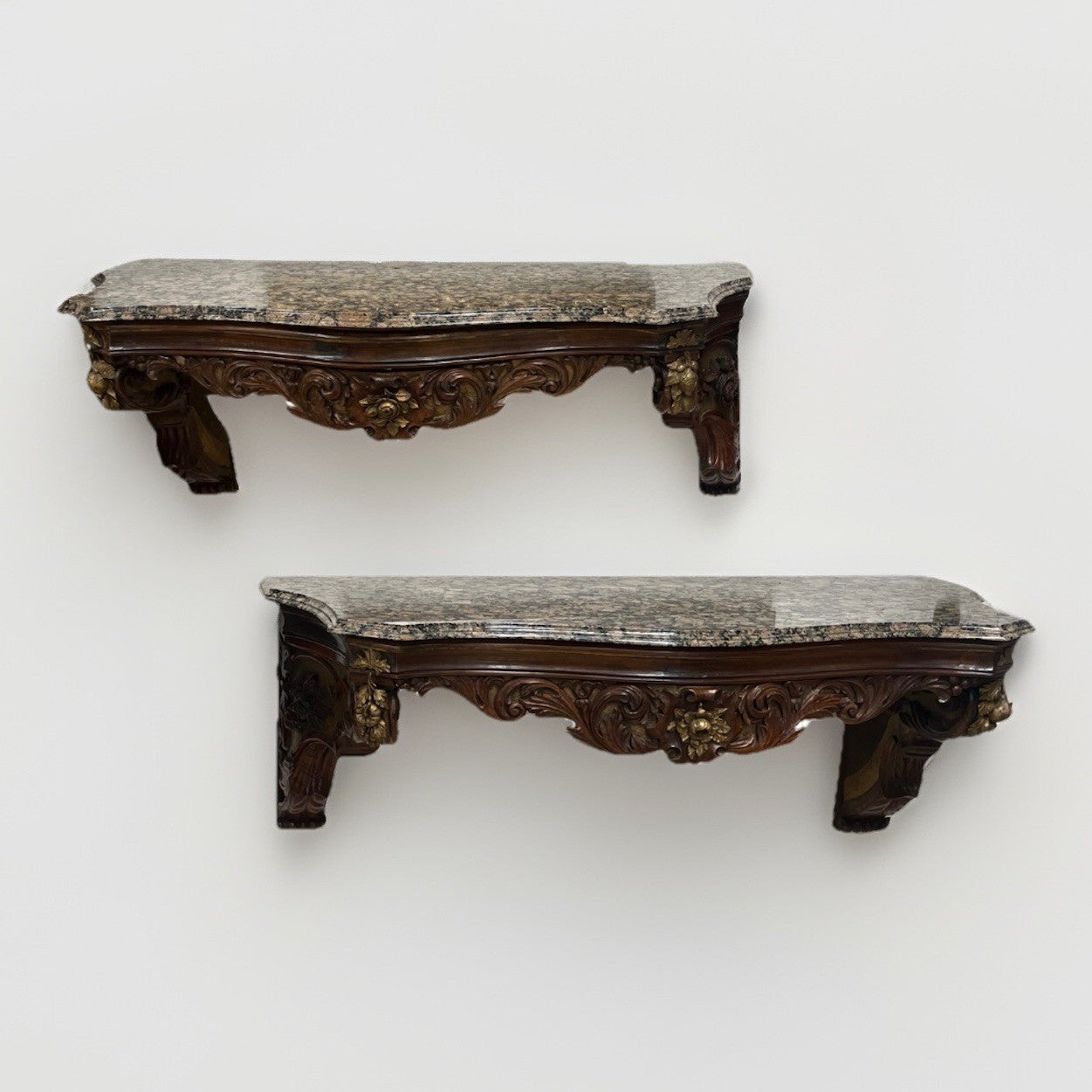 Pair French Rococo Carved Gilt Walnut Wall Mounted Consoles 47” Window Shelf