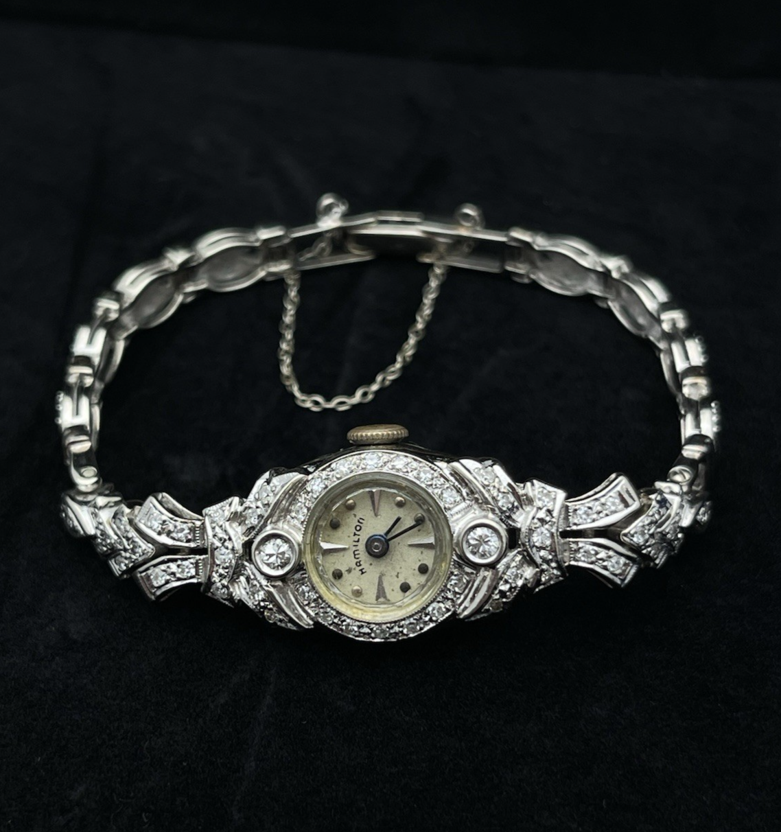 18g Vtg Hamilton Ladies 757 Diamond Watch 14K White Gold 22J Manual Wind Art Dec