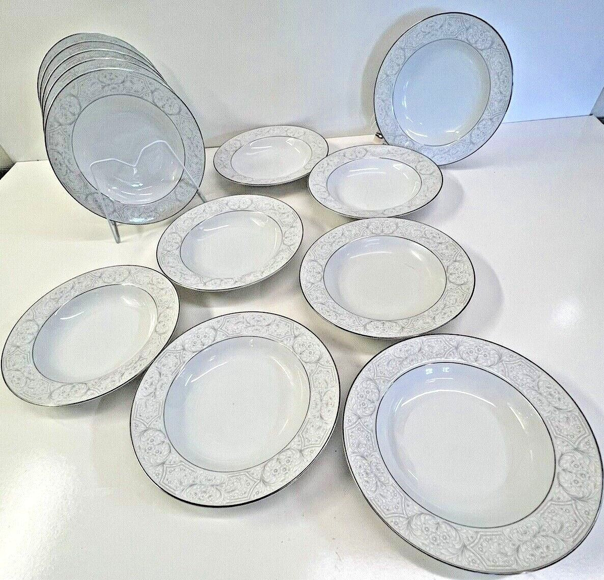 12 Sango Lisbon 3790 Rim Soup Bowls 8 1/2" Made in Japan white & gray floral