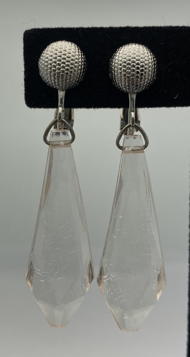 Carol Dauplaise Silver Button Crystal Dangle Screw back Earrings Vintage