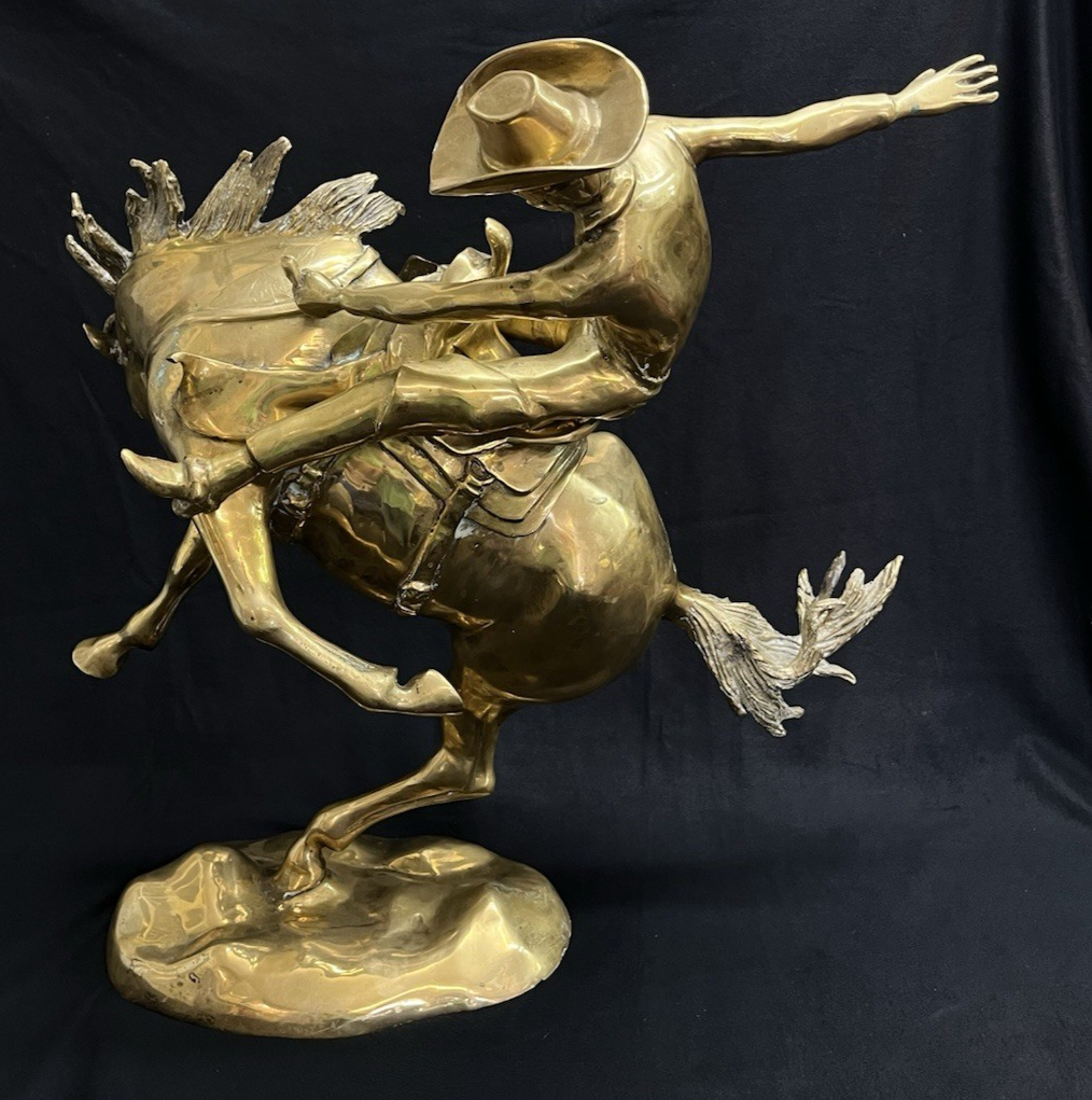 Polished Brass Wild Bucking Bronco w/ Removable Cowboy Rider Sculpture 21"