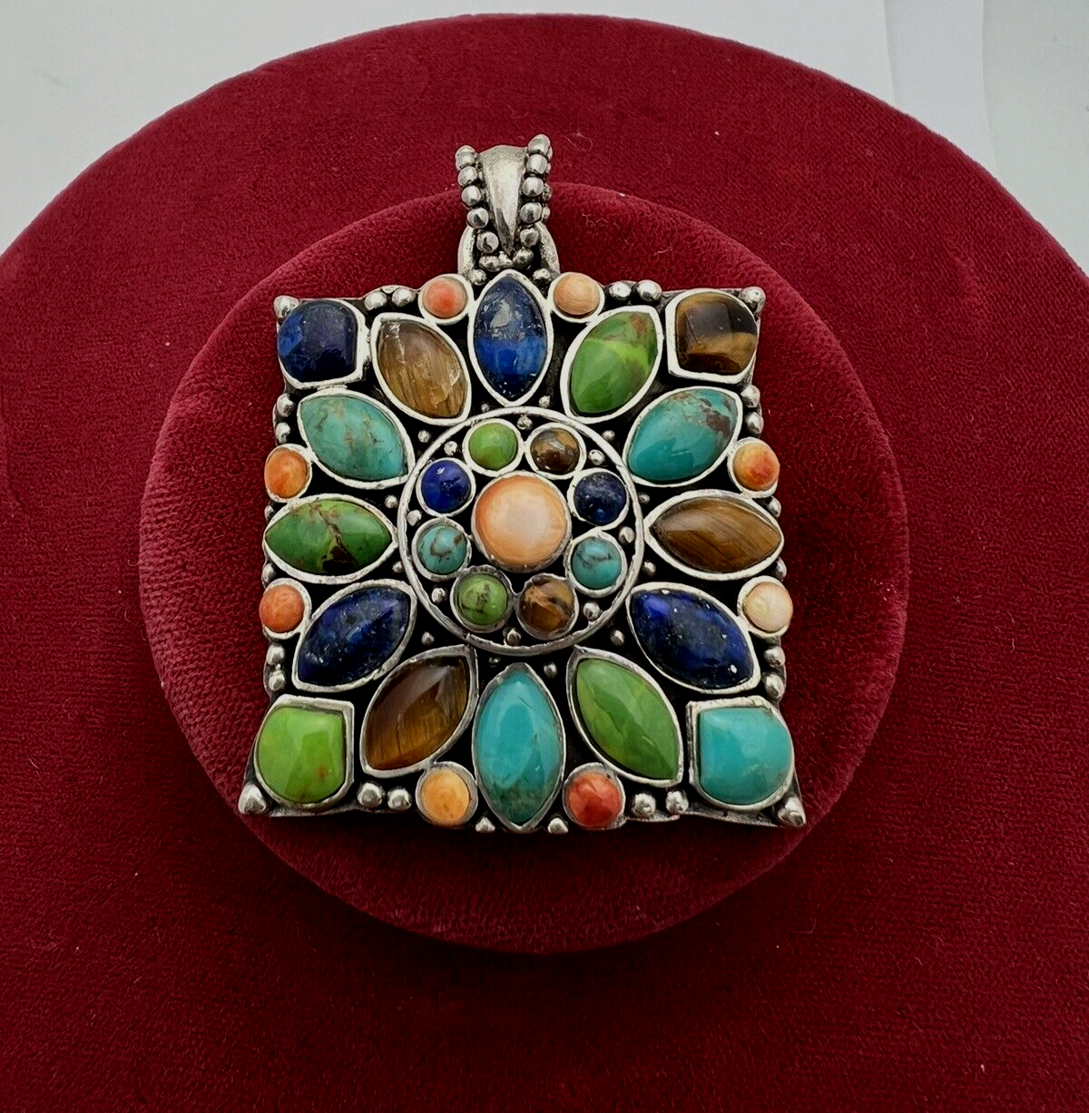 Multi Stone Blossom Pendant 925 SS Lapis Lazuli, Coral , Turquoise, Don Lucas
