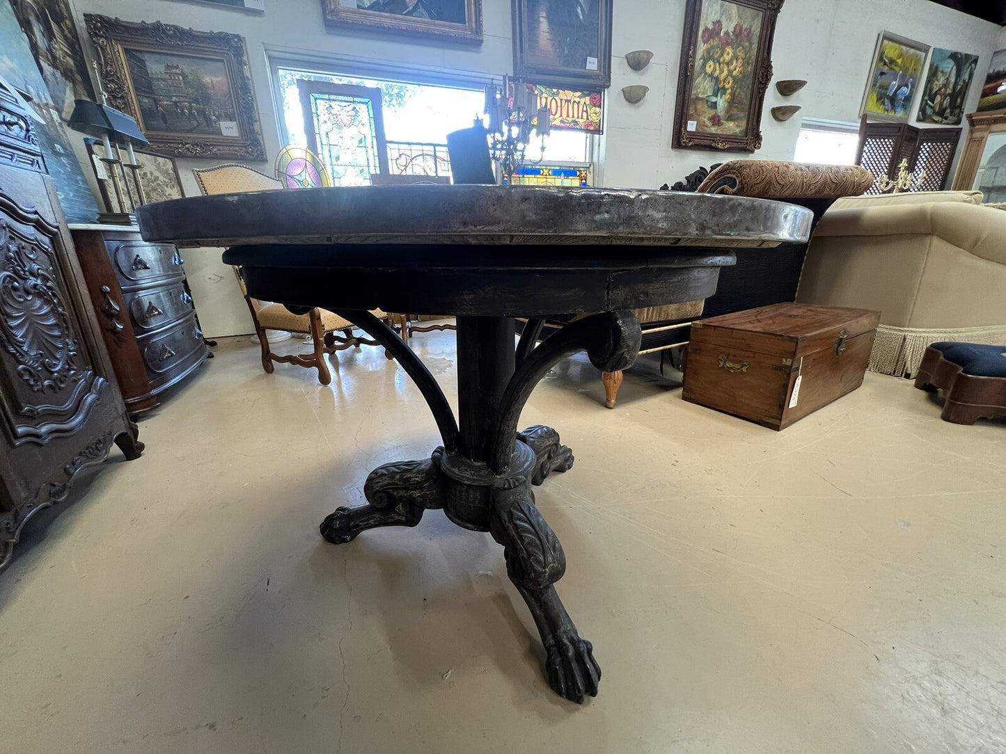 French gueridon table with planked top with stainless edge