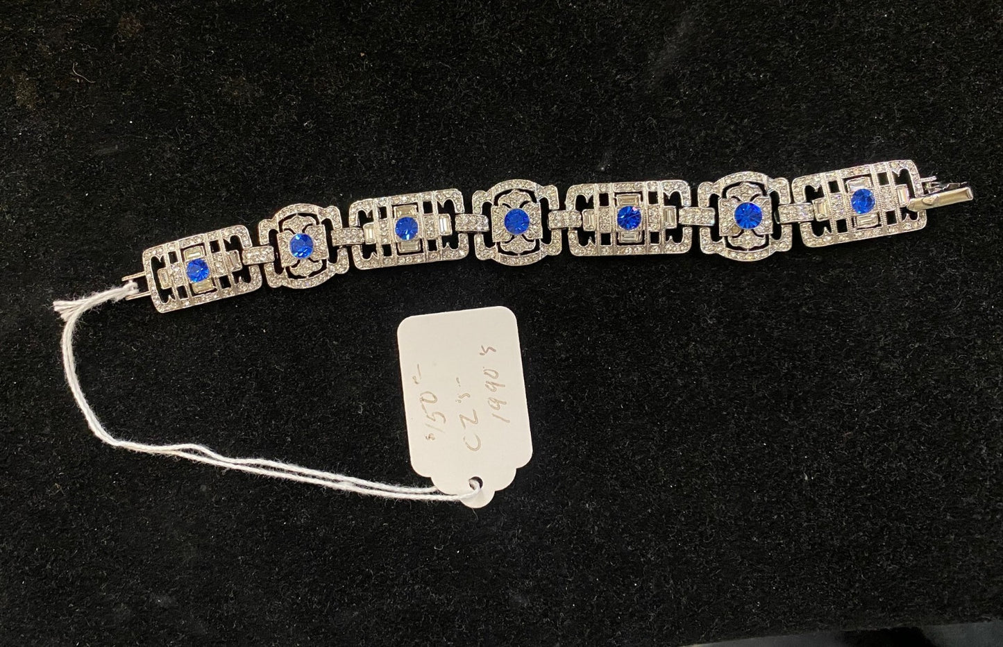 Vintage Rhinestone Link Bracelet 7 1/2" w Blue Stones