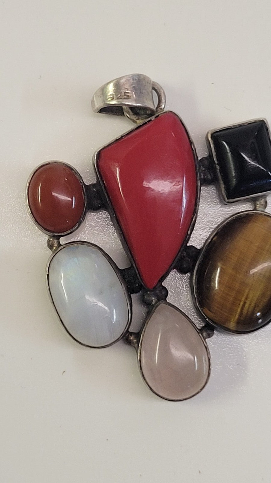 Sterling Silver Pendant with natural stones-cat eye, onyx, red jasper, abalone,