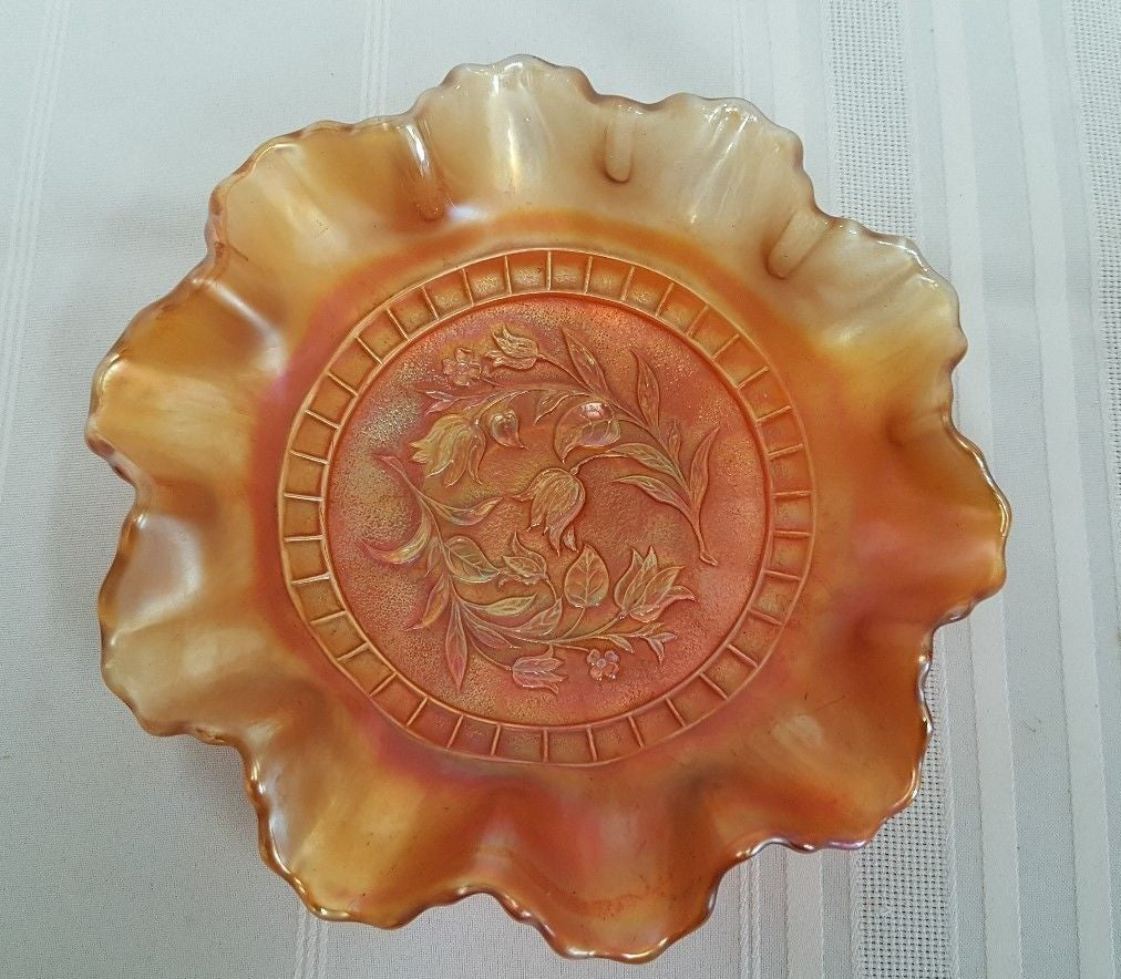 Vintage Dugan Marigold WINDFLOWER Carnival Glass 8 1/2" Ruffled Bowl