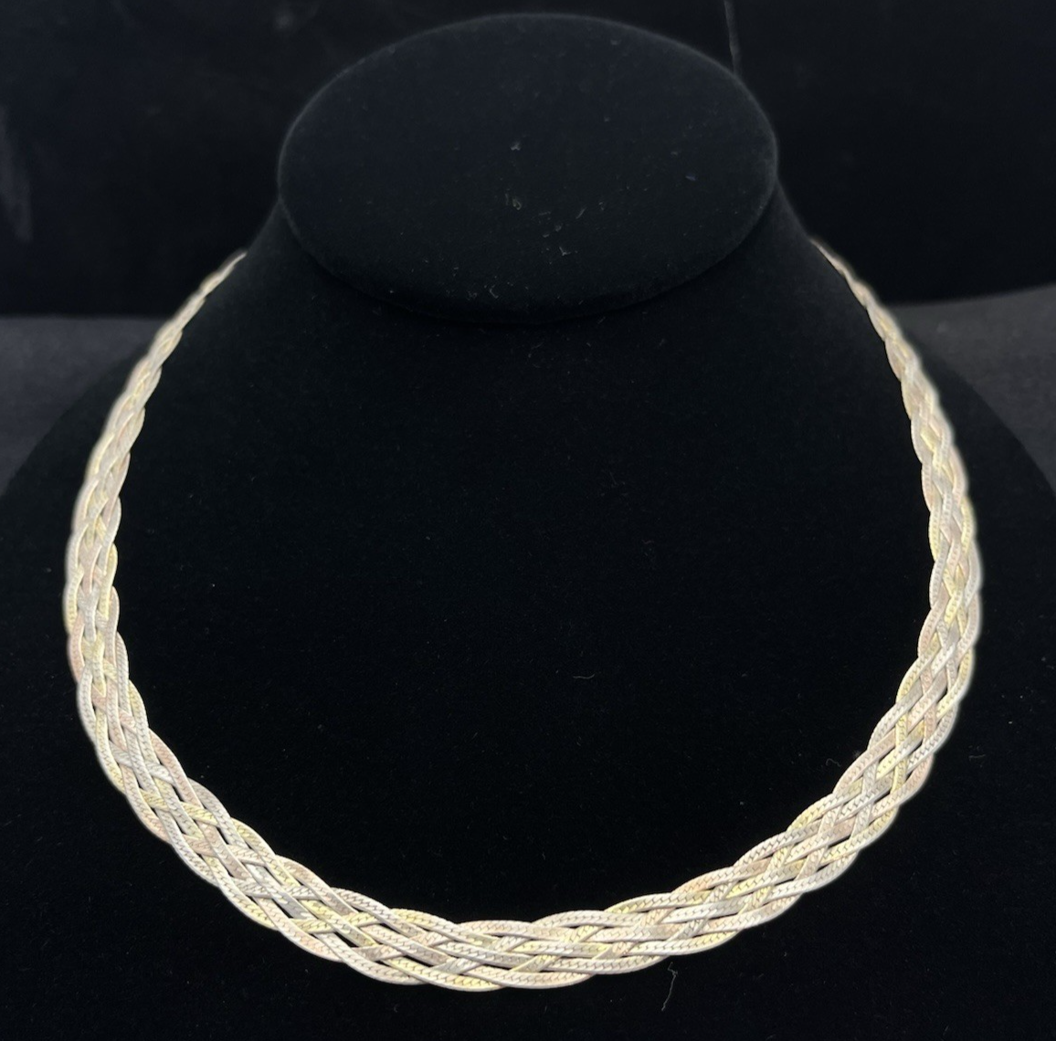 Italian FAS Sterling Silver 3-Tone Braided Herringbone Necklace & Bracelet 20 g