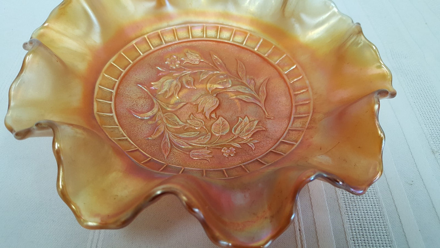 Vintage Dugan Marigold WINDFLOWER Carnival Glass 8 1/2" Ruffled Bowl