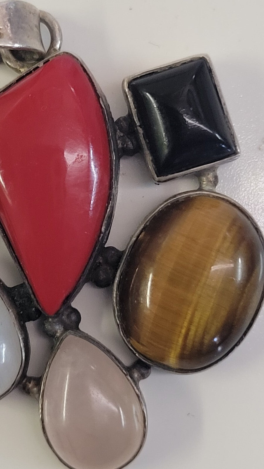 Sterling Silver Pendant with natural stones-cat eye, onyx, red jasper, abalone,