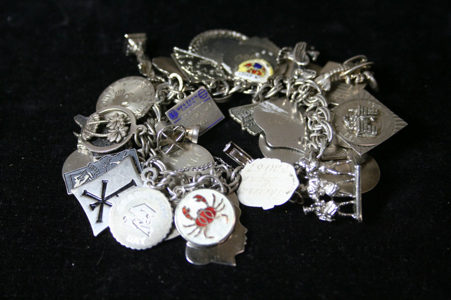 VTG Sterling Silver Charm Bracelet  7-1/4" (125 g) 1960's Safety Chain 43 Charms