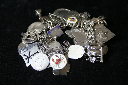 VTG Sterling Silver Charm Bracelet  7-1/4" (125 g) 1960's Safety Chain 43 Charms