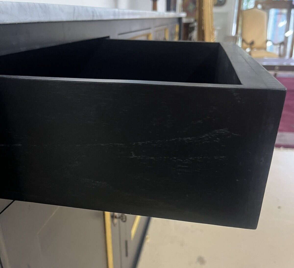 French Louis XVI Marble Top Black & Gold Cabinet Sideboard Cabinet Enfilade