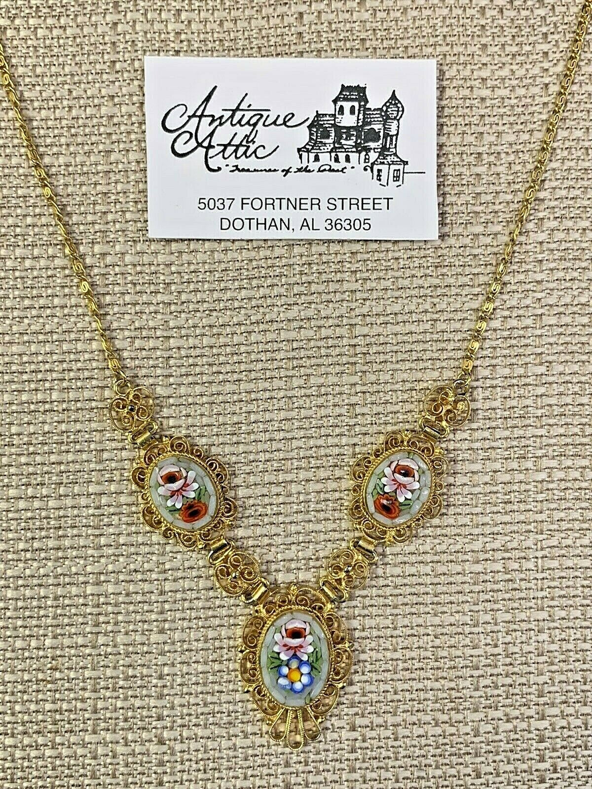 Antique Italian Grand Tour 3 pc Micromosaic & Filigree Pendant Necklace 18"