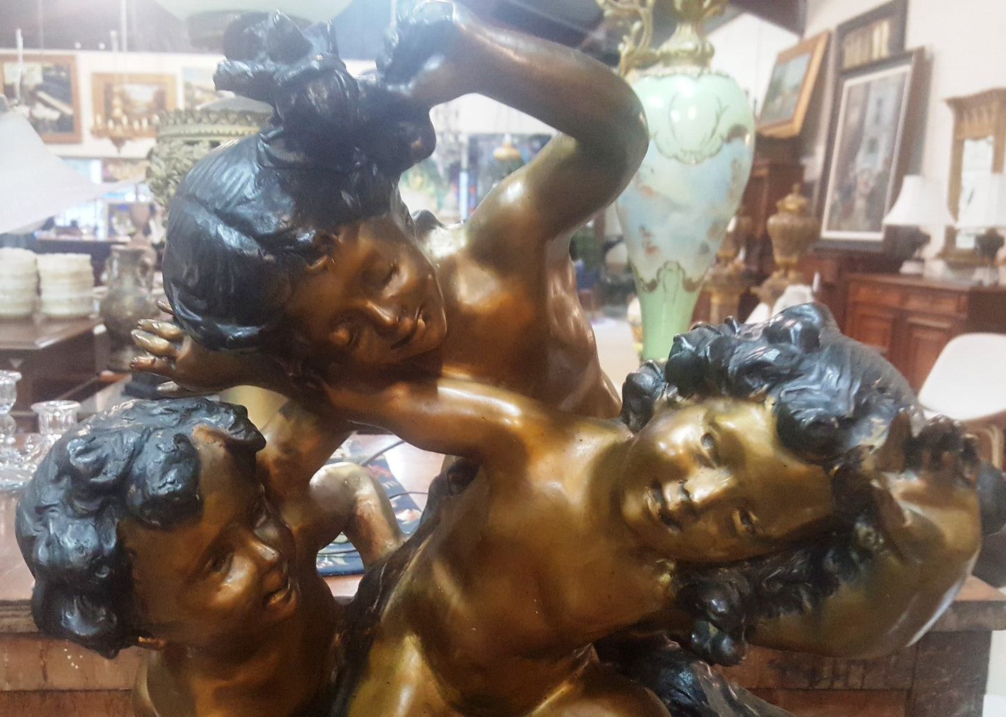 Bronze Tabletop Statue of 3 Children Playing H 18" x W 15" Elegant Centerpiece