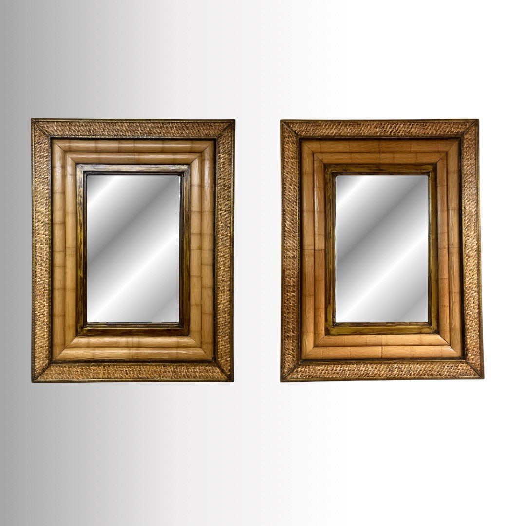 PAIR OF CARIBBEAN STYLE BAMBOO & WOVEN RATTAN FRAMED MIRRORS, 51" X 39.5"