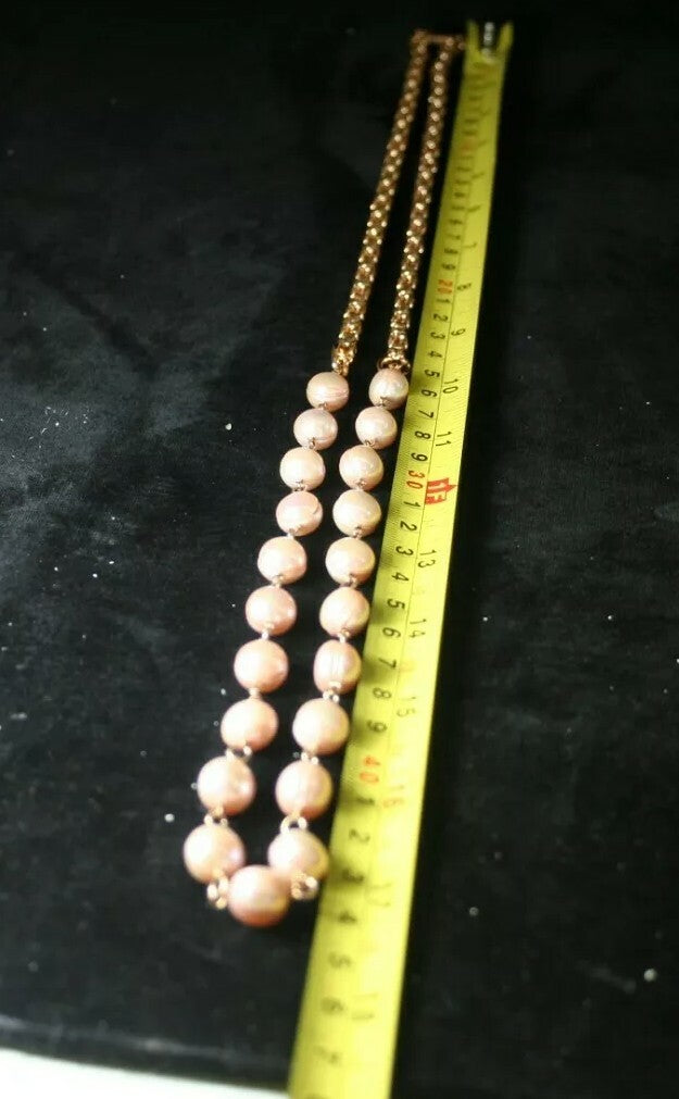 HONORA Bronze ITALY Baroque Pink Pearl 36" NECKLACE w/Byzantine Chain