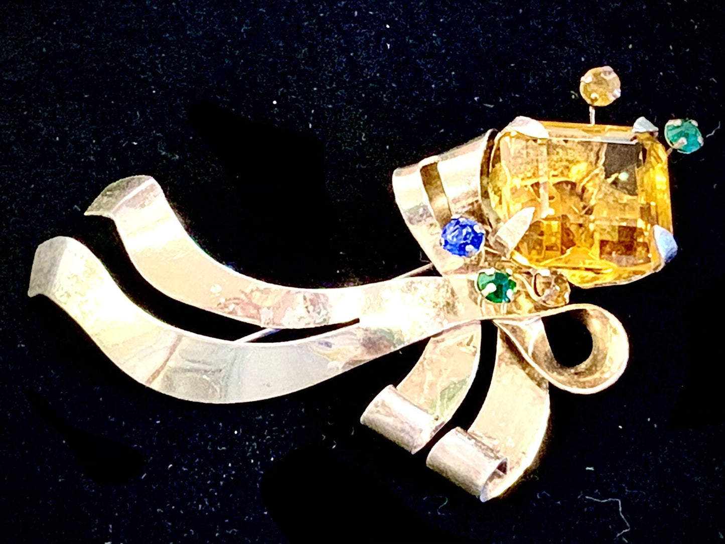 Large 1940's Floral Sterling Pin Brooch w. Large Glass Topaz Stone and more