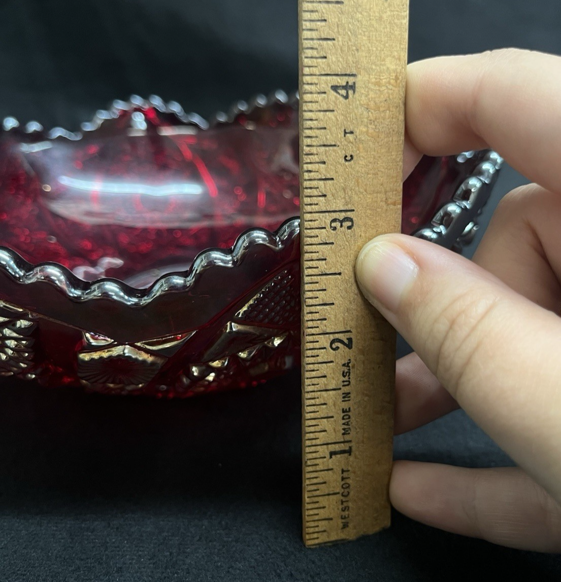 Imperial Glass OH Daisy & Button Golden Sunset Carnival Red Round Bowl 8"