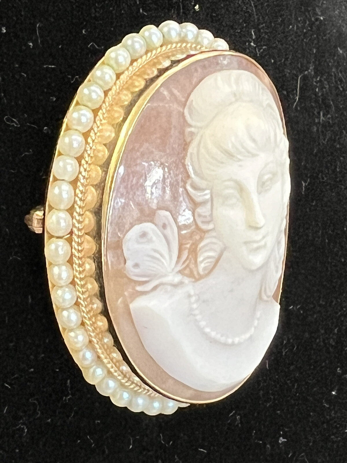Victorian Shell Cameo Pendant Brooch 14K seed Pearls Full Face 1800's