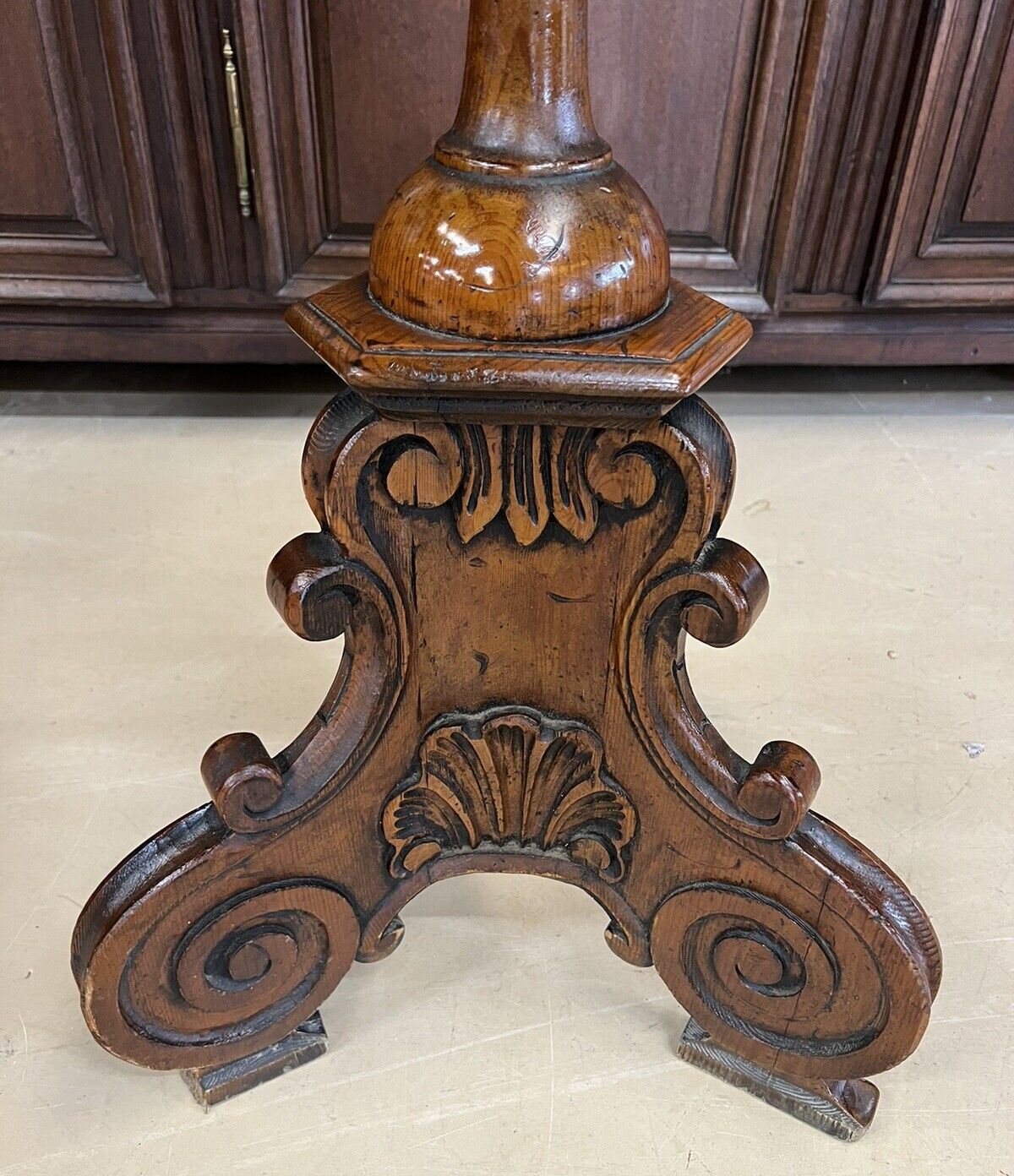 Pair of Antique French Oak Tall Pedestals brass planters jardinière entryway