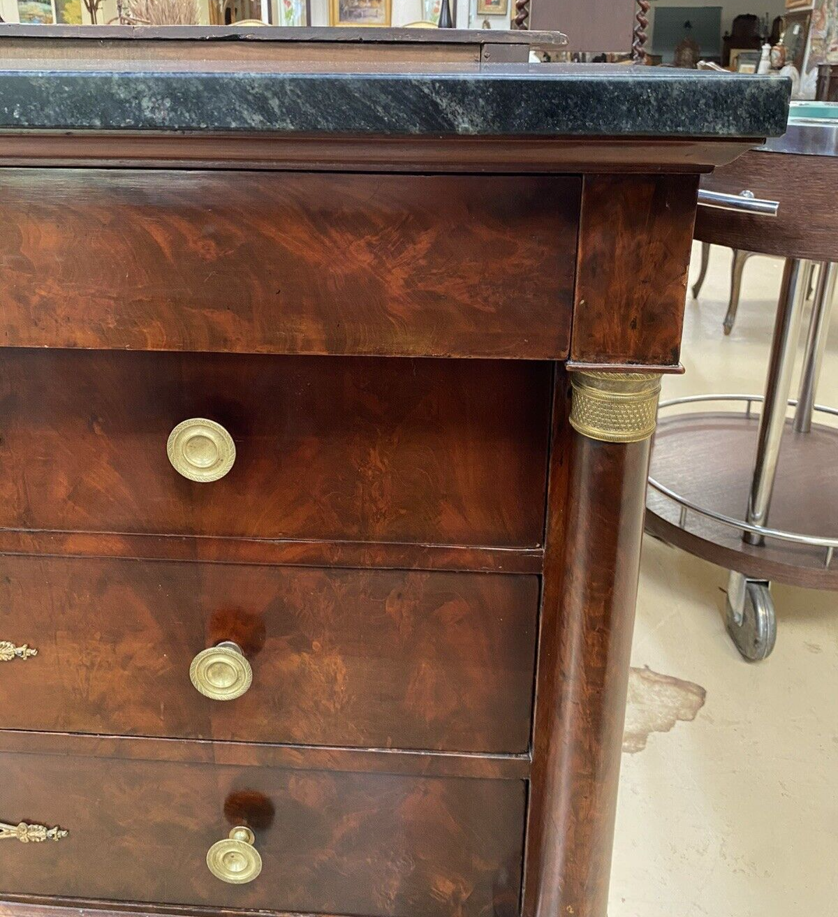 Antique Burled Walnut Mid-19th Century Empire and Marble Top Chest Commode