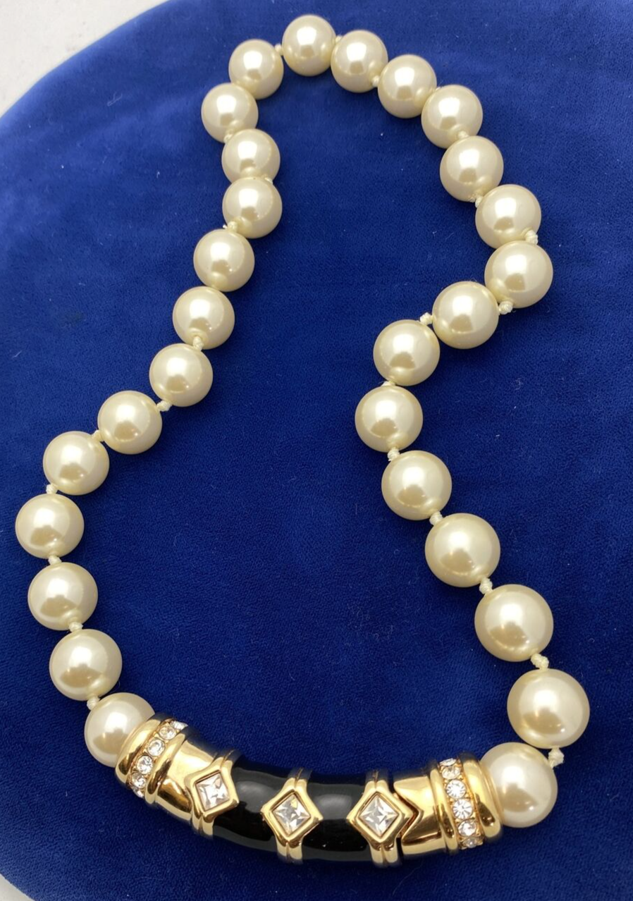 80’s SWAROVSKI Necklace Choker  Pearls Gold Black Enamel Crystals 17" Statement