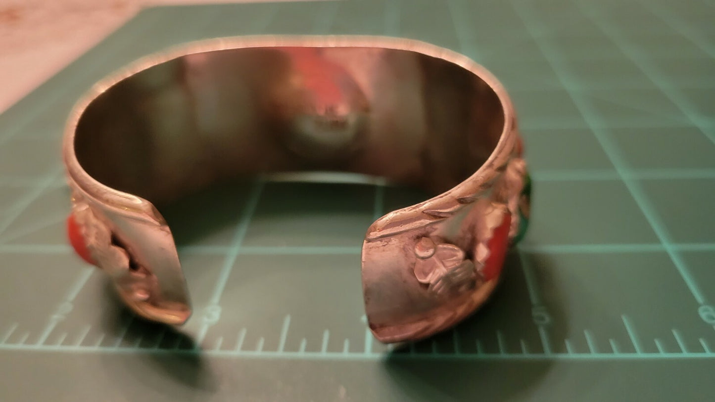 Sterling Silver Turquoise & Coral Watch Cuff by Zuni Artist Marvelyne Cheama 56g