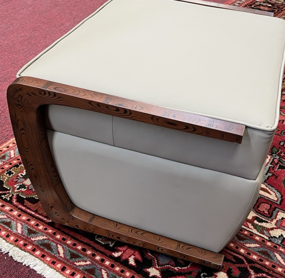 PAIR OF ART DECO STYLE UPHOLSTERED ARMCHAIRS & OTTOMANS