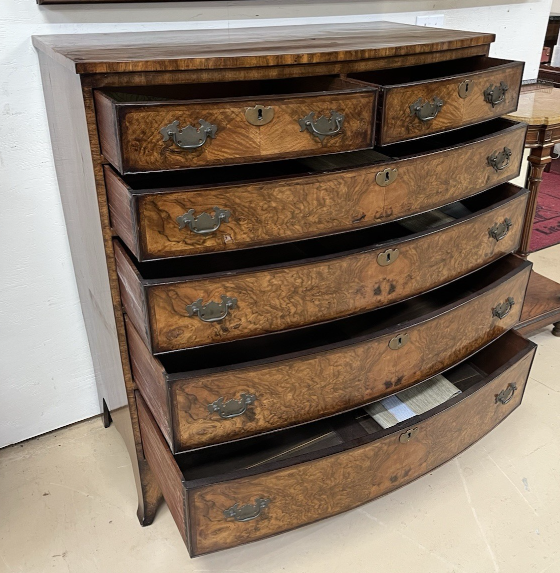 PERIOD ENGLISH REGENCY BURLED WALNUT BOW FRONT TALL CHEST OF DRAWERS