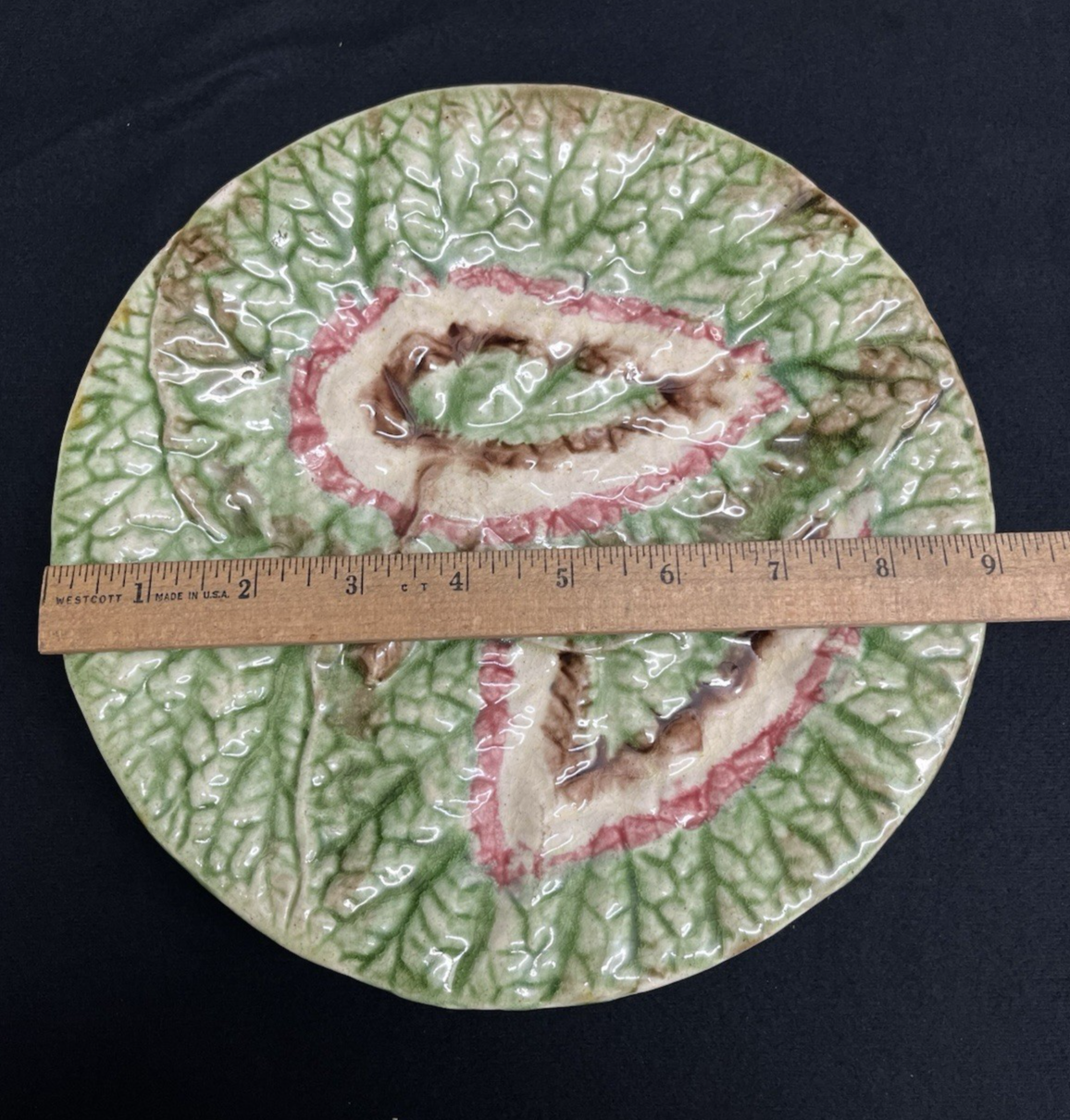 Vintage Majolica Begonia Leaf Pedestal Dessert/Serving Plate 9 1/4"