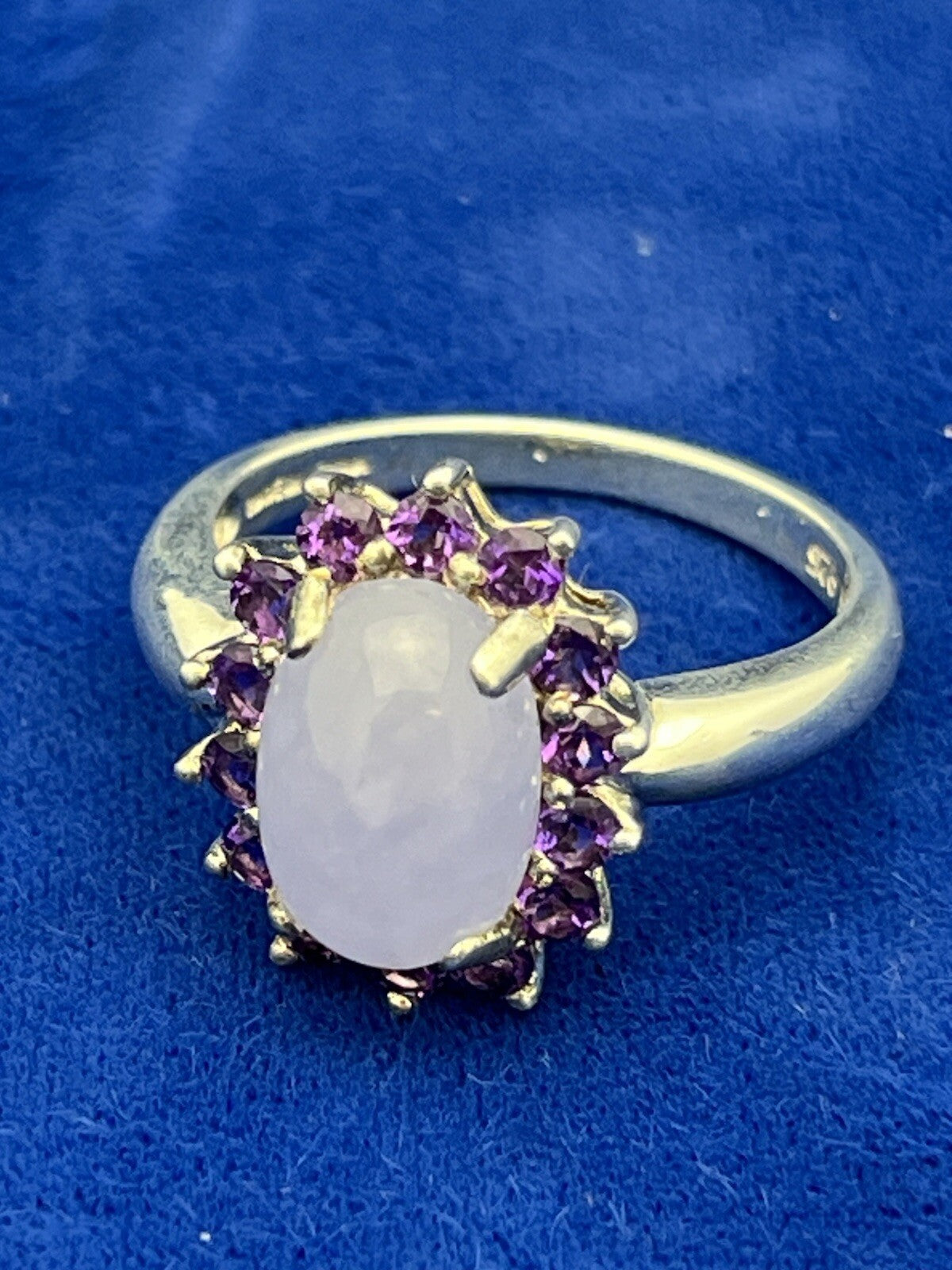 Sterling Silver Lavender Jade Ring with Halo of 14 Amethyst