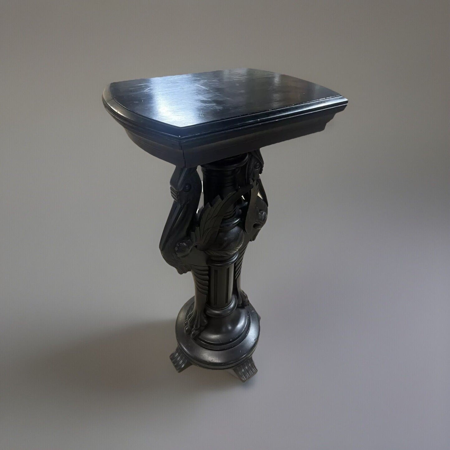 Antique Ebonized Black Wood Pedestal Plant Stand 2 Cranes FS16