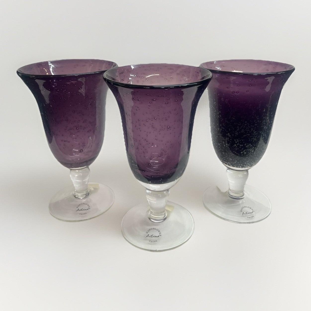Set of 3 Artland Blown Glass Iris Plum Footed 18oz Ice Tea Glasses w/ Tags 7.5"