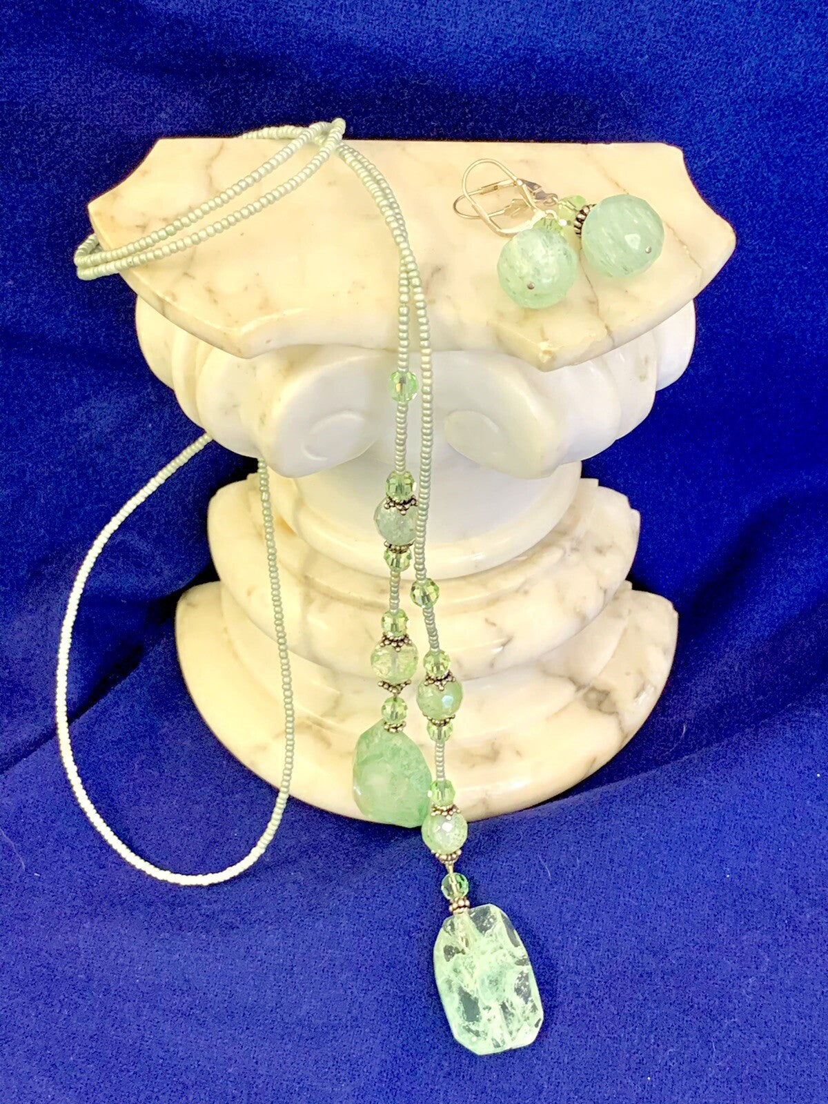 Glass Beaded 46" Mint Green Lariat Necklace & Earring Set Never Worn Great Gift