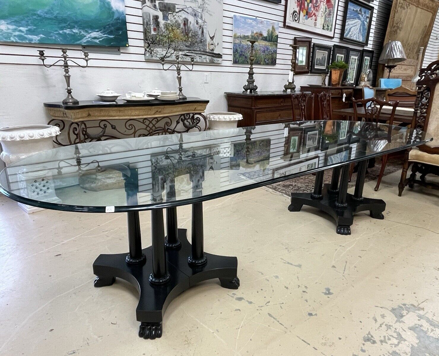 120" Glass Top Baker Furniture Co Black Lacquered Double Pedestal Table Paw FS3